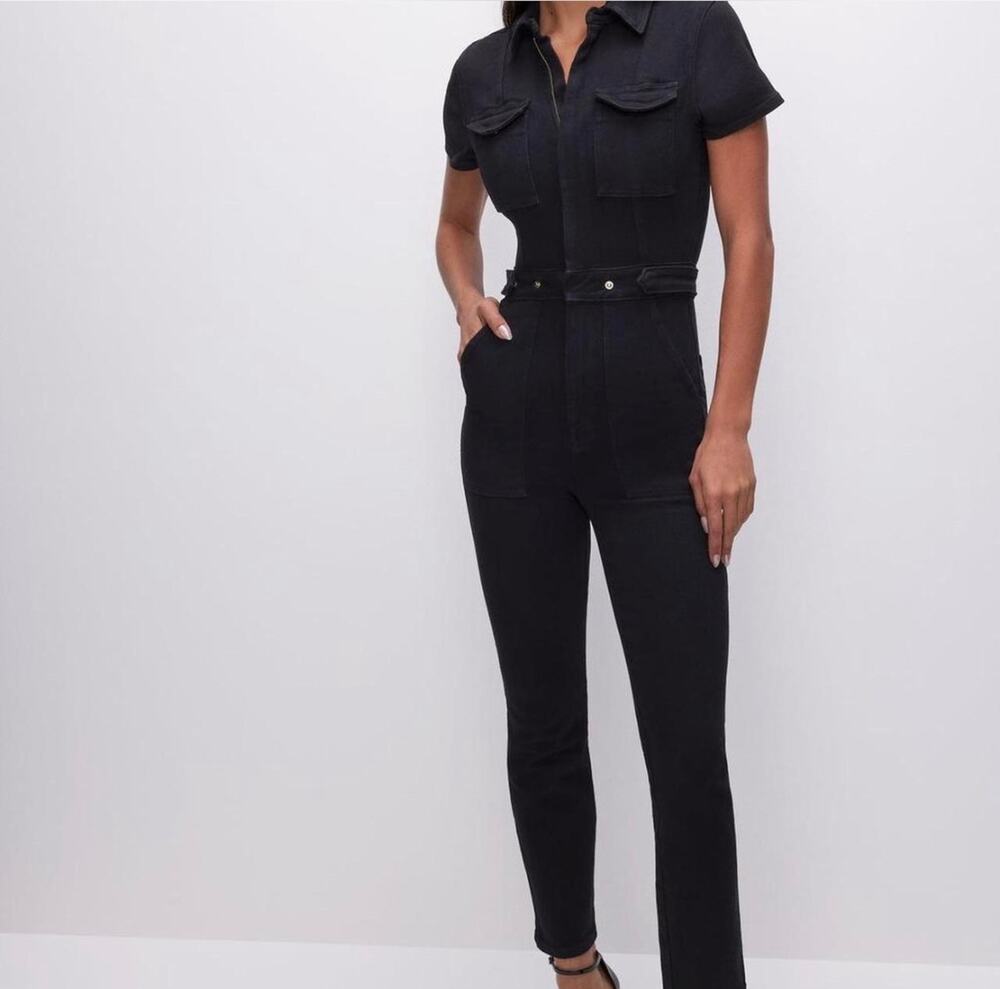 Good American Zip Front Utility Jumpsuit Black Size XS NWT
